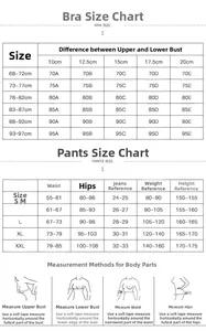 Size chart for lace lingerie set including bra and panty measurements in centimeters