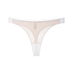Detailed view of delicate white eyelash lace and breathable fabric on thong underwear