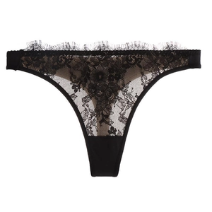 Sexy black eyelash lace thong for women with sheer floral patterns and low waist design
