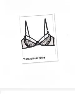 Detail of ultra-thin 0.1cm black lace bra with exquisite floral embroidery and mesh