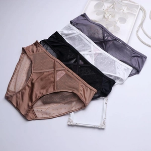 French style satin and lace panties set with dot mesh and crossover straps design