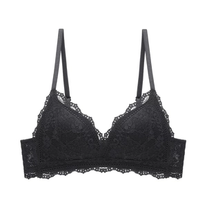Detail of black floral eyelash lace on a wireless triangle bralette with adjustable straps