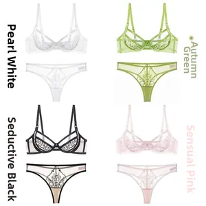 Detailed close-up showing four sets of floral embroidery lace lingerie and mesh panties