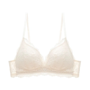 Detailed macro view of the cream lace bra featuring intricate floral embroidery and scalloped edges