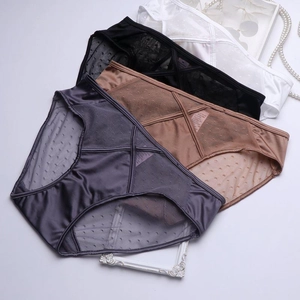 French lace satin panties set in four colors with elegant mesh and crossover detail