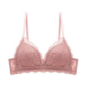 Pink lace triangle cup wireless bra with elegant floral embroidery and scalloped edges