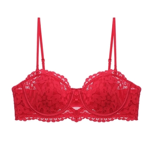 Close-up of red floral lace embroidery on semi-cup balconette bra with scalloped edges
