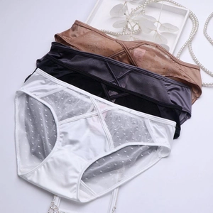 Lace satin panties for women in four colors with mesh dot pattern and cross strap detail