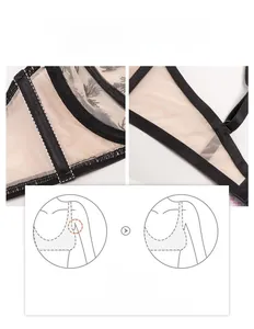 Detail of wide side wings and breathable mesh on lace bra for smoothing underarm bulges