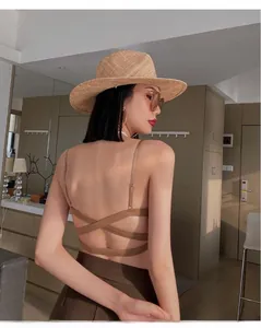 Detailed back view of brown wire-free bra with multi-strap crisscross design and open back