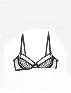Close-up of French lace embroidery and breathable mesh detail on a black underwire bra