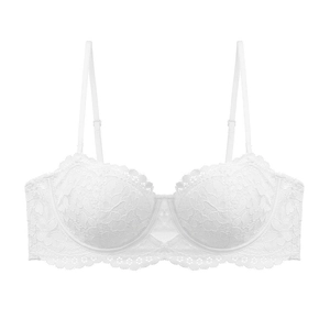 Detail of white lace bra cup featuring intricate floral embroidery and scalloped edges