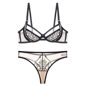 French Style Ultra-Thin Lace Embroidery Lingerie Set For Women Sexy Minimizer Bra And Thong Set Breathable Top And Bottom
