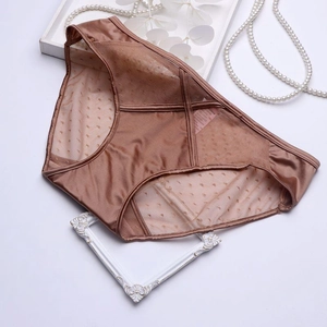 Detail of coffee brown satin panties with lace mesh, back cutout, and product label