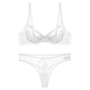 French white lace lingerie set with floral embroidery and sheer mesh cups