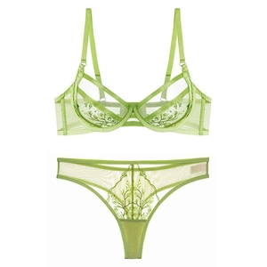 Green French style sheer lace bra set with exquisite leaf embroidery and wire support