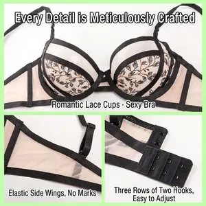 French lace embroidery bra with floral patterns and elastic seamless wings in black and white