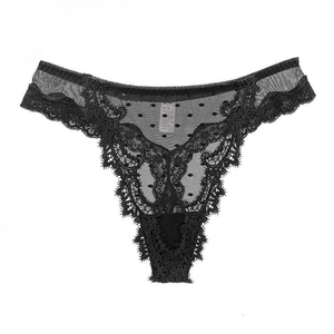 Elegant black lace thong with floral embroidery and mesh dot patterns on white background