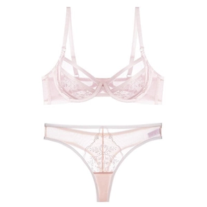French lace embroidery lingerie set in light pink with transparent floral mesh design
