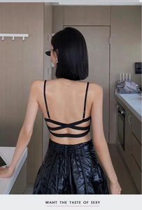 Detail of black wireless bra with elegant crisscross back straps and dual shoulder design