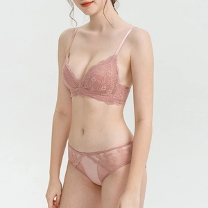 Elegant pink lace lingerie set with non-wired triangle bra and matching panties for women