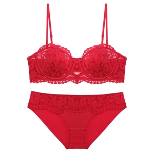 Elegant red lace lingerie set featuring a soft wire floral bra and matching briefs