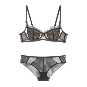 French style black lace lingerie set with eyelash trim and delicate floral patterns