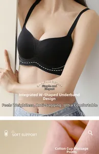 Detail view of W-shaped support design and soft massage cup lining on black bra