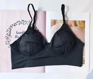 Detail of black seamless V-neck bralette with adjustable straps on a fashion magazine