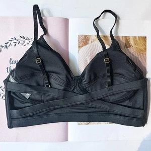 Detailed close-up of a black wireless bra featuring elegant crisscross back straps