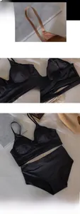 Détail d'un ensemble de lingerie en satin noir avec bretelles scintillantes et push-up