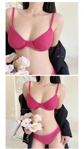 Detailed view of rose red thin lace lingerie set with textured fabric and soft underwire cups