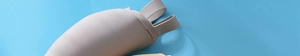Detailed side view of beige push-up bra featuring wide elastic support bands on blue background