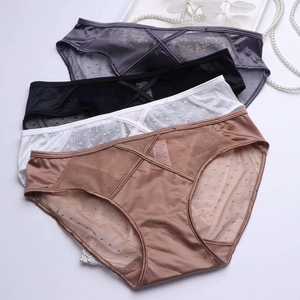 Women Sexy French Satin Lace Patchwork Panties Low Waist Hollow Out Cross Strap Polka Dot Mesh Briefs Elegant Lingerie
