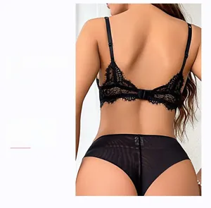 Rear view of black lace lingerie set featuring breathable mesh panty and slim straps