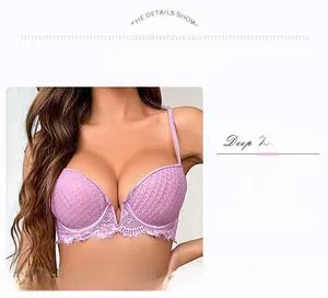 Detail of lavender deep-V lace bra with honeycomb mesh fabric and seamless cups