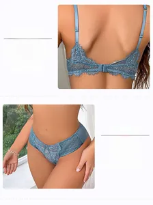 Detailed view of adjustable back closure and seamless lace trim on light blue lingerie