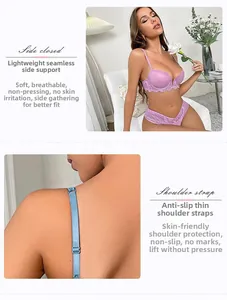 Detail of purple lace bra with non-slip straps and seamless side coverage design