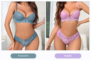 Lace lingerie set detail featuring turquoise and purple colors with delicate mesh texture