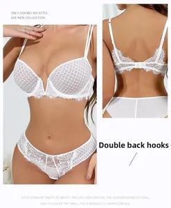 Lace bra set detail featuring double hook-and-eye back closure and sheer mesh texture