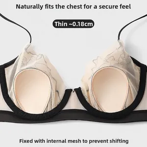 Detail of ultra-thin breathable mesh bra with contrast trim and bunny ear shape padding
