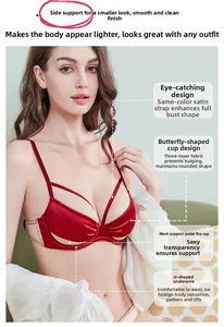 Detail of red satin bra featuring U-shaped underwire and butterfly cups with mesh support