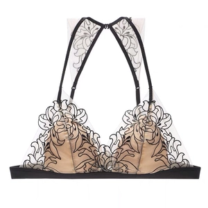 Detailed embroidery on French lace bralette with triangle cups and sheer mesh fabric