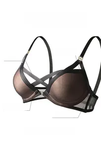 Reggiseno push-up in pizzo con cinghie incrociate in rete e ferretto di supporto marrone