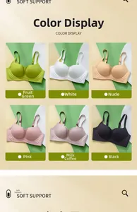 Detail view of seamless soft support bras in six colors including green white and pink