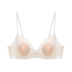 Detail of floral lace embroidery and sheer mesh wings on this elegant white bra