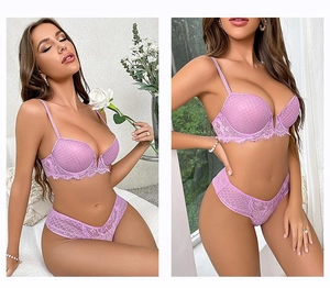 Detailed view of lilac lace lingerie set featuring eyelash lace trim and sheer mesh fabric