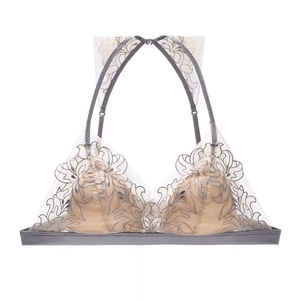 Detail of grey floral lace embroidery on sheer mesh triangle cups with halter neck design