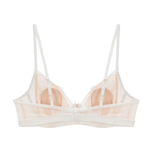 Detailed close-up of white lace bralette featuring intricate embroidery and mesh texture