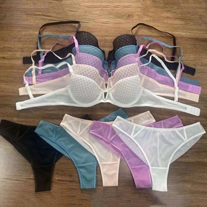 Detail of five colors lace lingerie sets with honeycomb texture and V-cut hollow design
